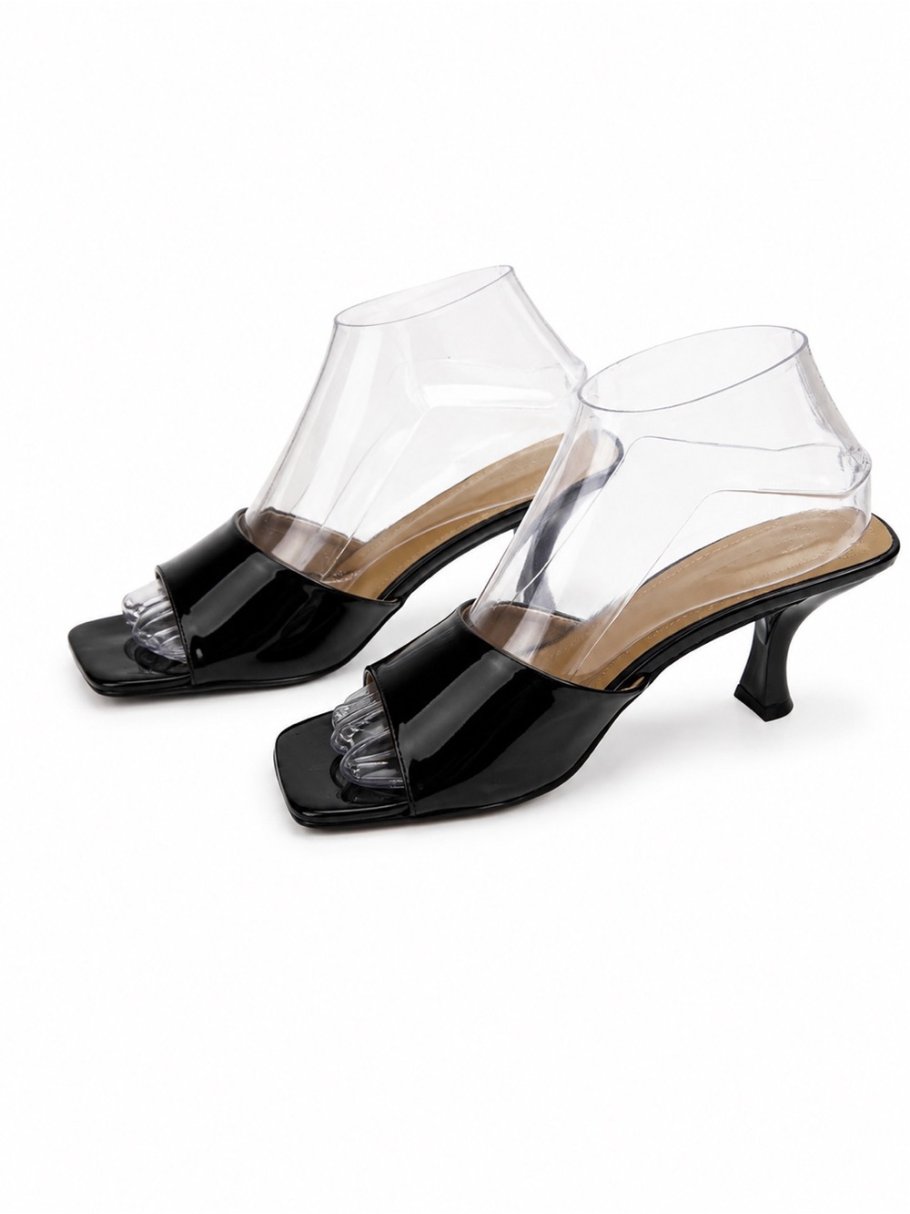 Crown & Ivy Women’s Black Patent Slide Mules with Clear Upper